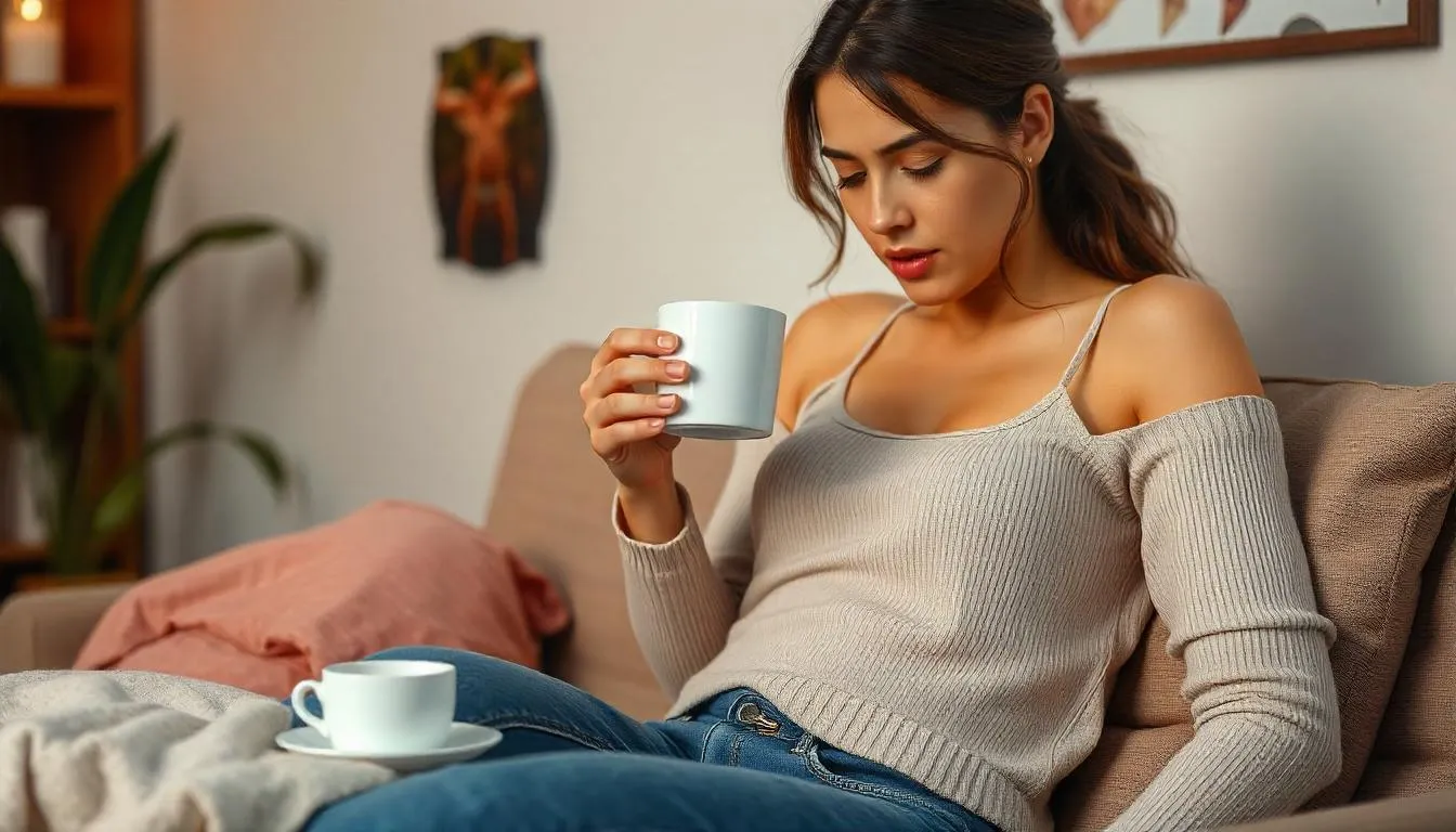 Women in periods cramps drinking coffee